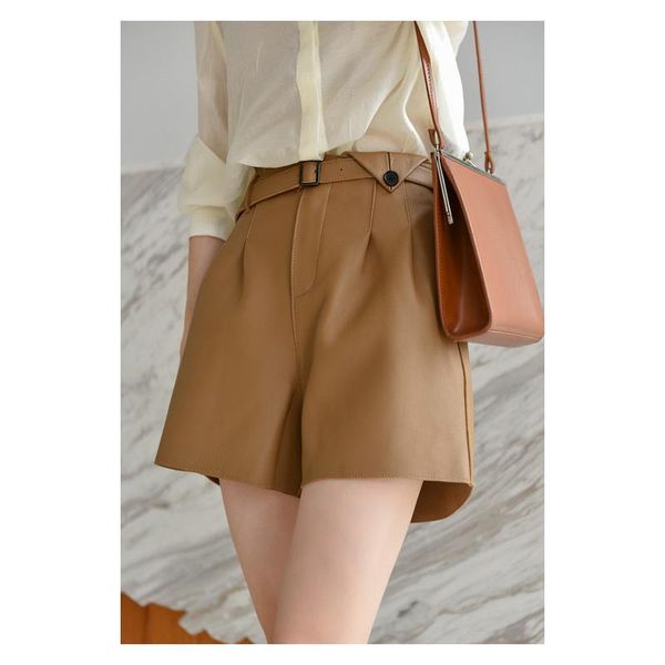 

women's shorts women high waist koran style 2021 luxury designer genuine leather short trousers streetwear with belt, White;black