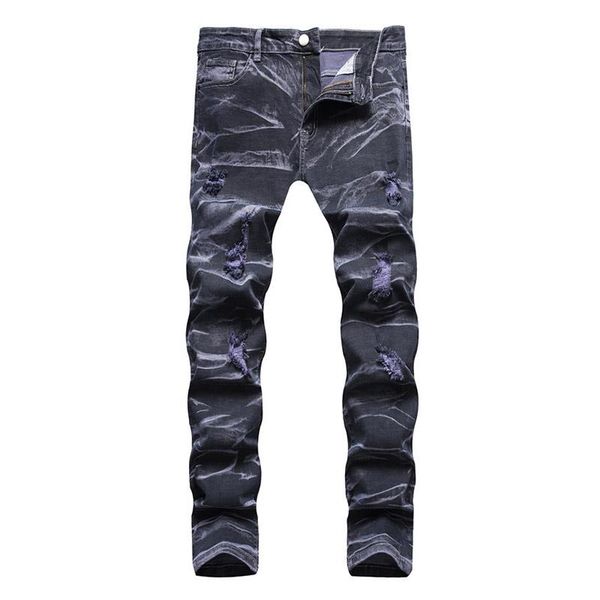 

men's jeans kiovno men hip hop ripped straight tie dye streetwear denim trousers for male washed stretch fit, Blue