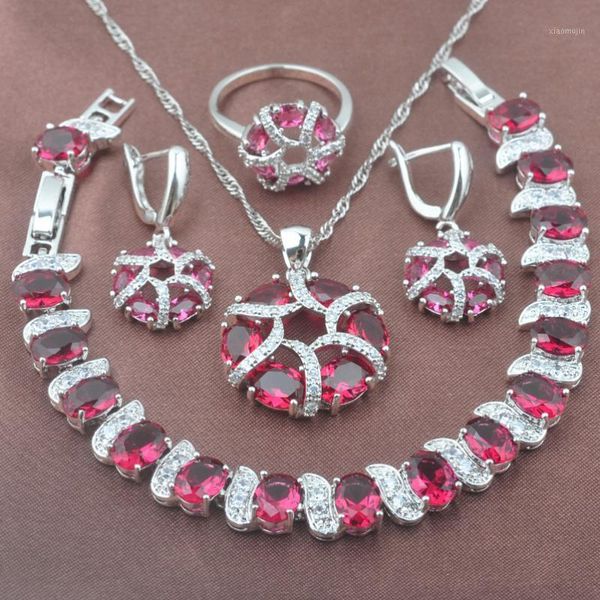 

earrings & necklace unusual design rose red zirconia silver plated women's jewelry sets bracelet pendant ring yz0441