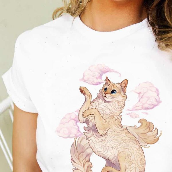 

women summer short sleeve floral flower cat lady t shirts oversize shirt ladies graphic female tee, White