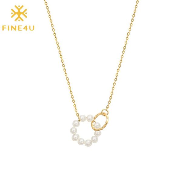 

pendant necklaces fine4u n835 simulated faux pearl necklace for women stainless steel twisted circle choker party jewelry, Silver