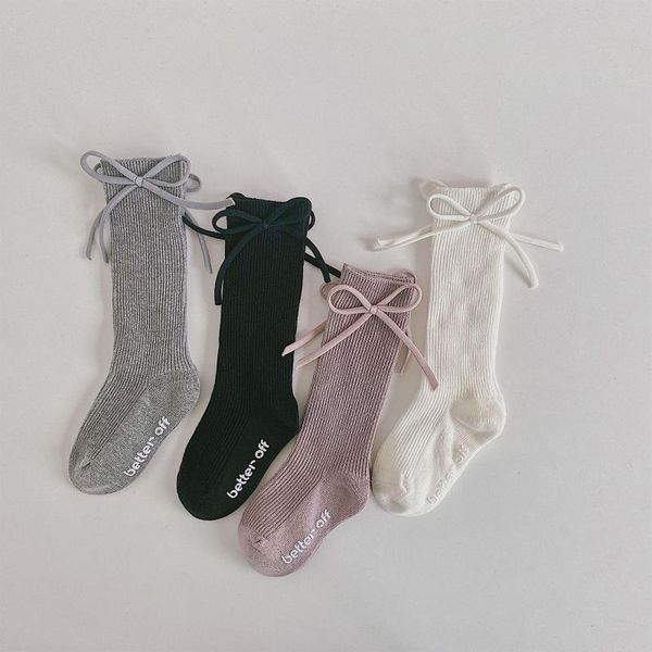 

socks toddler baby girl autumn winter fresh solid knee length stockings bow cotton warm 1-8 years kids ribbed sock, Pink;yellow