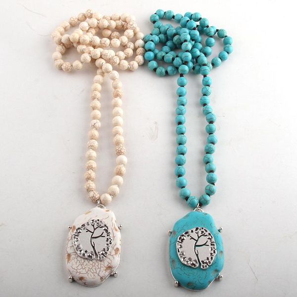 

pendant necklaces fashion bohemian tribal jewelry 8mm white / turq long knotted matching necklace for women bead, Silver