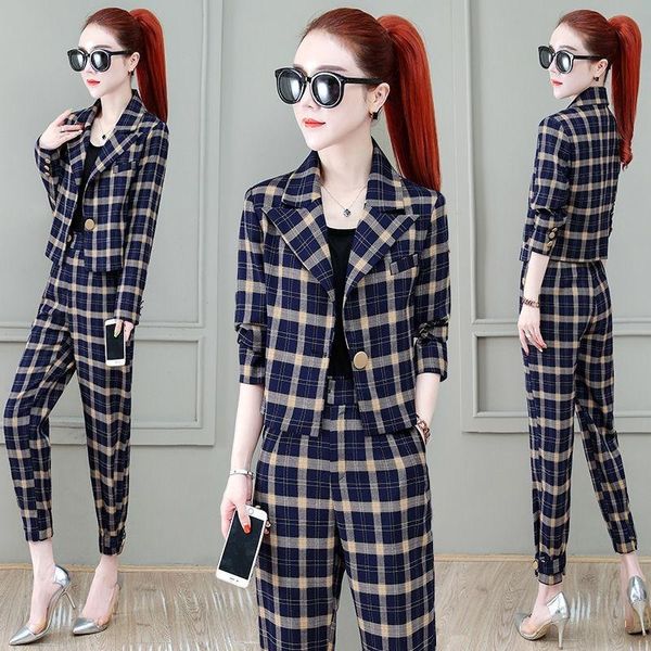 

women's two piece pants 2021 spring autumn fashion suits office lady plaid suit long sleeve + high waist pant casual women sets x329, White
