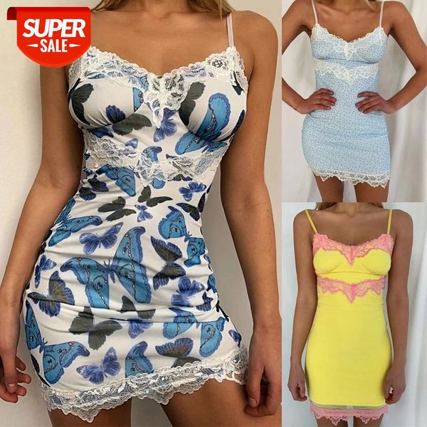 

women's summer suspender sling dress fresh butterfly floral lace v-neck backless high-waist slim sheath short mini #yo2v, White;black