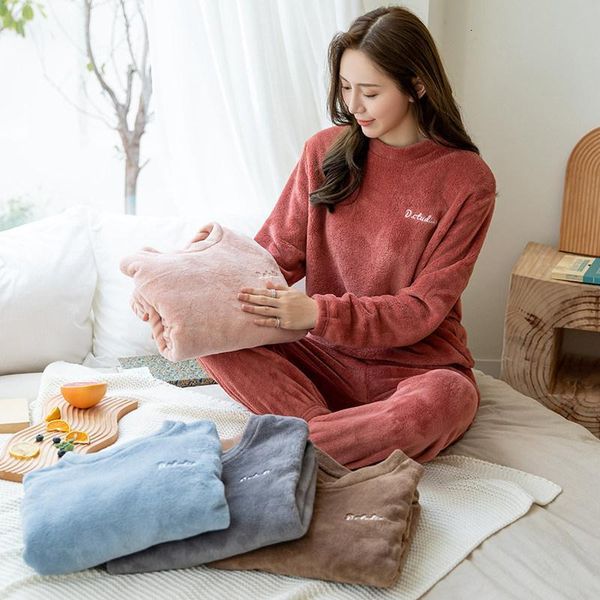 

sleepwear women winter pajama 2 pieces set soft thick warm coral fleece sleepwear o -neck pajamas woman home loungewear, Black;red