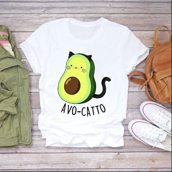 

cartoon avocado cat fruit womens t shirt love cute 90s print graphic tee, White