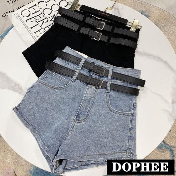 

women's jeans summer fashion double belt high waist washed denim shorts stretch pants 2ax6, Blue