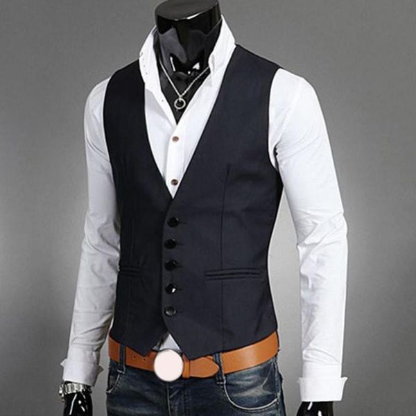 

men's vests business men solid color v neck button pocket sleeveless slim fit vest waistcoat, Black;white