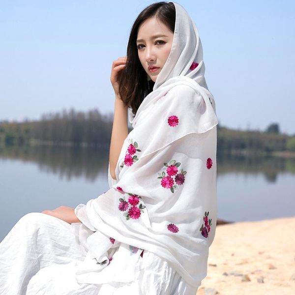 

scarves flower embroidered cotton scarf monochrome warm shawl womenautumn and winter national style, Blue;gray