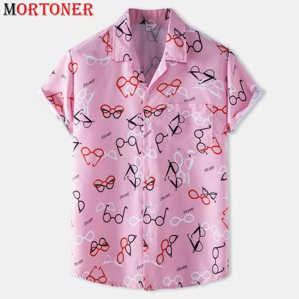 

pink hawaiian beach shirt men 2021 fashion glasses print mens aloha shirts casual summer holiday vacation clothing chemise homme men's, White;black