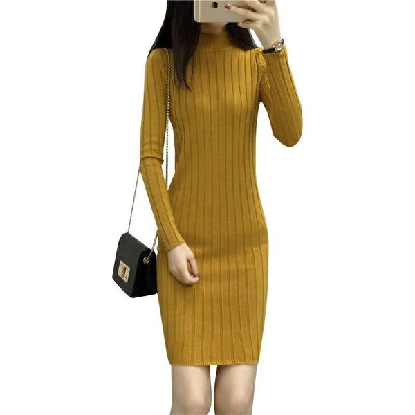 

casual dresses autumn winter warm women basic sweater dress fashion rib slim knitted wool long sleeves female 1905, Black;gray