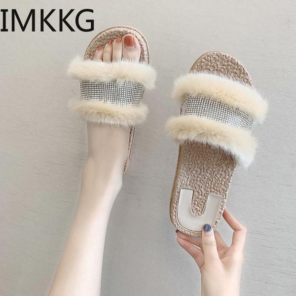 

slippers women fluffy fur slides fuzzy sliders soft plush mules summer shoes f90200, Black