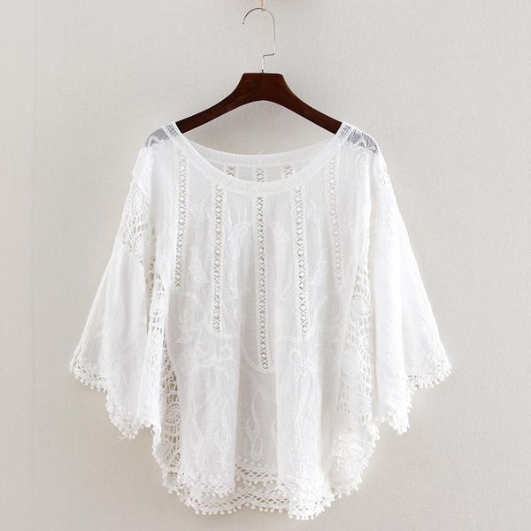 

women's knits & tees summer thin 2021 loose bat shirt cotton and linen small jacket air-conditioning hollow blouse women, White