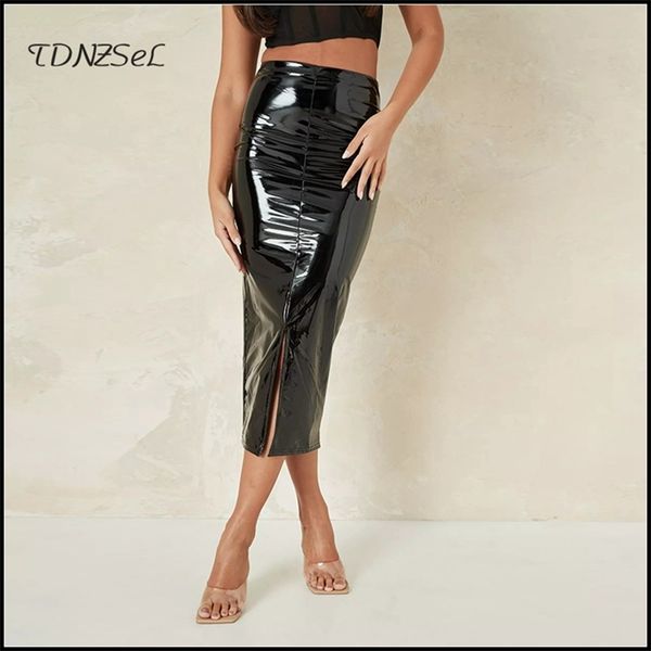 

autumn faux latex leather midi skirts women skinny high waist pu skirts large size back hems split fashion bodycon custom 210330, Black