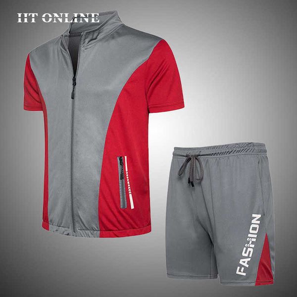 

men's sets summer 2 piece outfits zipper printed short sleeve +shorts fashion sportswear hip hop street tracksuit men 210603, Gray