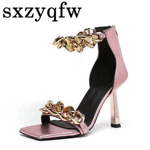 

metal chain high heels sandals women summer thin heel ankle strap party shoes woman fashion square toe pumps mujer luxury designers, Black