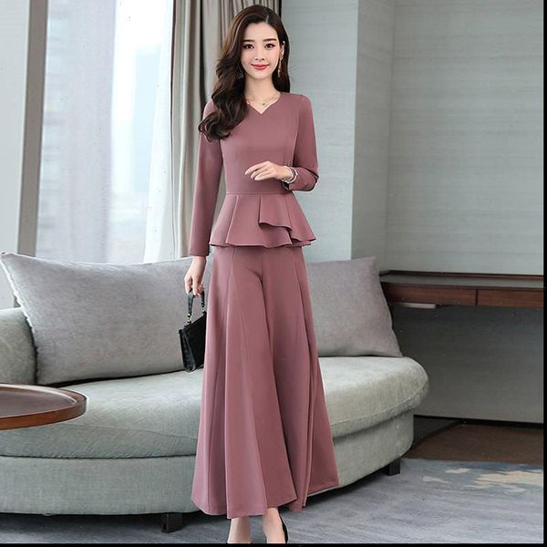 

spring autumn wide leg women tracksuits pants suits v neck shirt blouse and loose trousers two piece sets k202, Gray