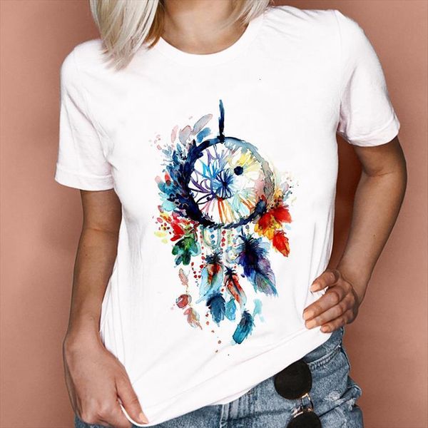 

graphic feather floral watercolor women t shirt printing spring summer short sleeve clothes tees print female, White