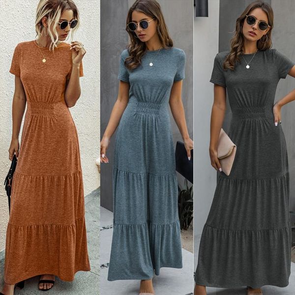 

casual maxi elegant womens dresses o neck short sleeve long summer solid draped high waist ruffle party robe vestidos, Black;gray