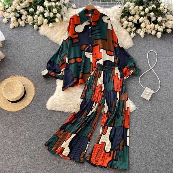 

singreiny women summer retro print casual set design batwing sleeve single breasted blouse+high waist long pants two piece suits 211109, White