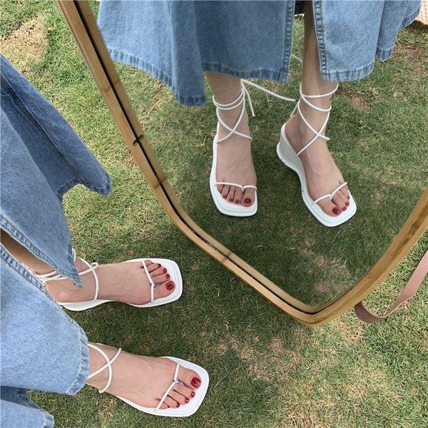 

brand designer summer square toe lace up flat sandals comfort rome style black white leather socofy woman shoe casual dress shoes