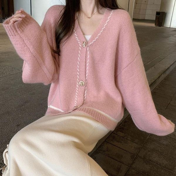 

women's wool & blends 2021 autumn gentle temperament v-neck korean version with loose sweater knit coat cardigan for women, Black
