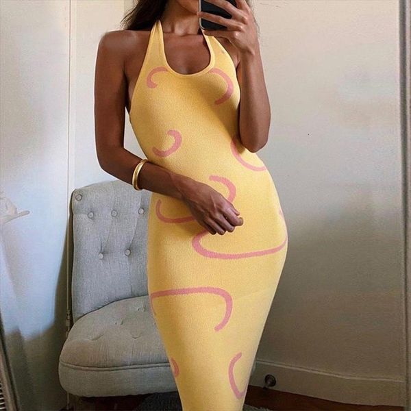 

y2k bodycon halter womens dress o neck yellow sleeveless midi backless slim party dresses summer beach robe vestidos, Black;gray