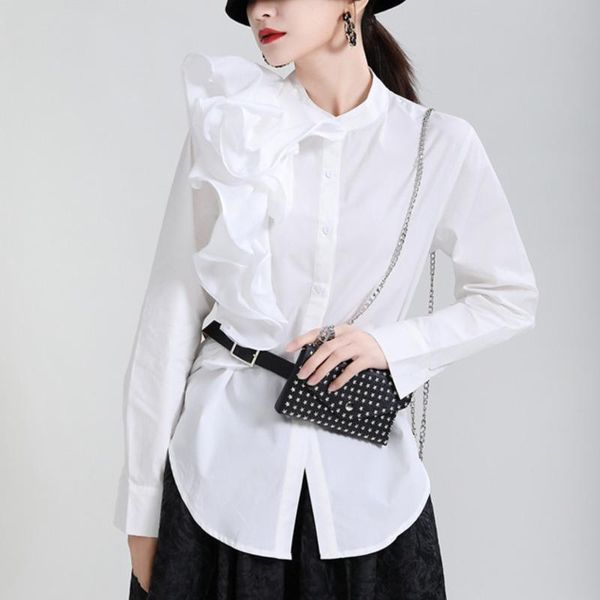 

women's blouses & shirts 2021 spring dimensional flower long sleeve women and stand collar single breasted solid color, White