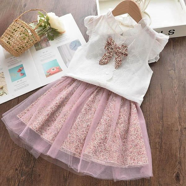 

clothing sets summer kids girls clothes set fruit parrten short t-shirt +bow ball gown dress 2pcs 3-7y, White