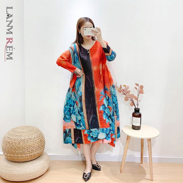 

women printed dress loose large size temperament round neck three quarter pleated fashion tide summer 2h248 210507, Black;gray