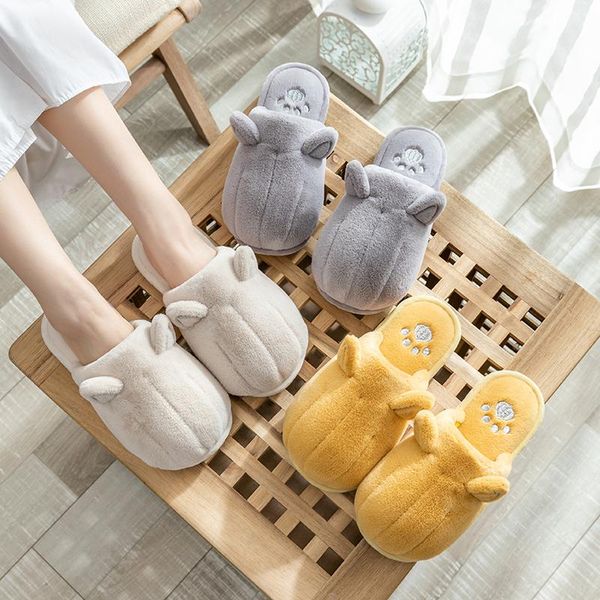 

slippers 2021 women short plush women's cat ears warm winter shoes ladies soft indoor cotton female furry, Black