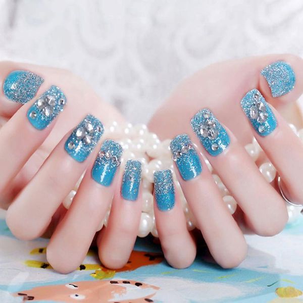 

ladies short full covers glitter blue bride 3d fake nails wrapped tips artificial wedding false nail art rhinestone1, Red;gold