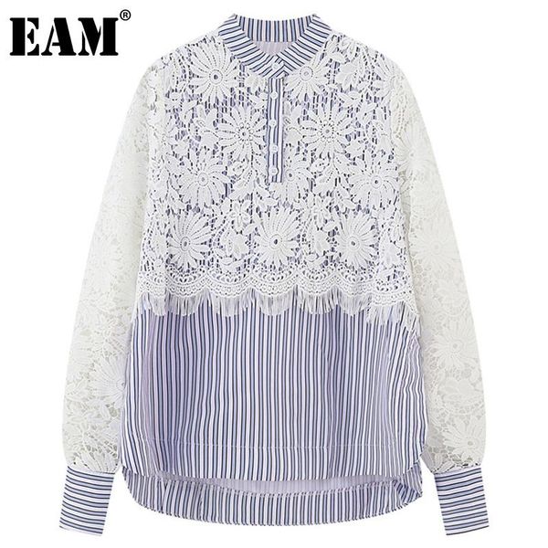 

women's blouses & shirts [eam] women blue lace striped big size blouse stand collar long sleeve loose fit shirt fashion spring autumn 2, White