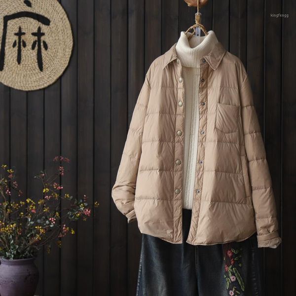 

women's down & parkas women ultra light jacket fall/winter trun collar vintage single-breasted white duck coat female loose, Black