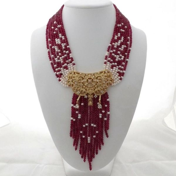 

chains charming 9strands white freshwater pearl red green stone necklace micro inlay zircon accessories pendant long 48-58 cm, Silver