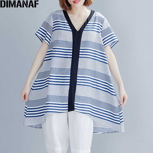 

plus size women t-shirts striped print cotton linen tees v-neck summer tunic female clothes loose casual basic 210531, White