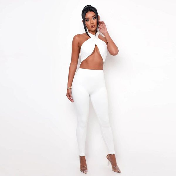 

european and american women's 2021 summer new open back hanging neck solid color sports jumpsuit, Black;white