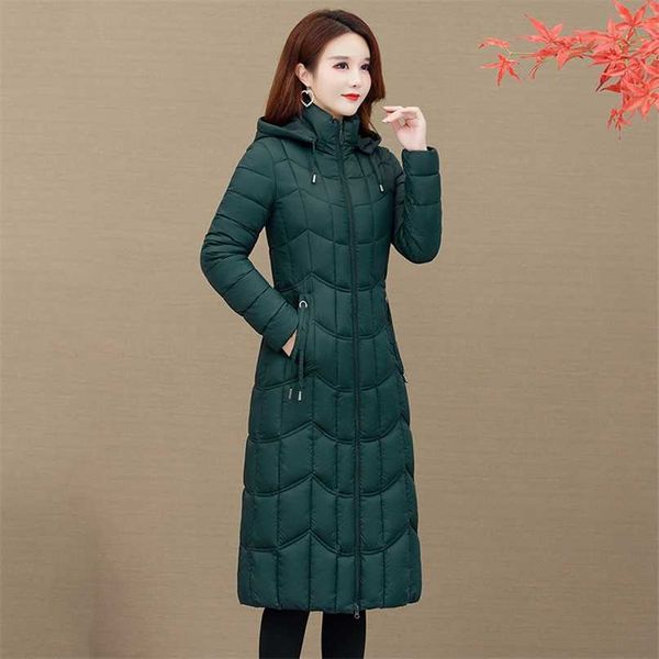 

x-long women's parkas hooded slim zipper pockets ladies casual winter jacket solid outerwear quilted overcoat female 211216, Black