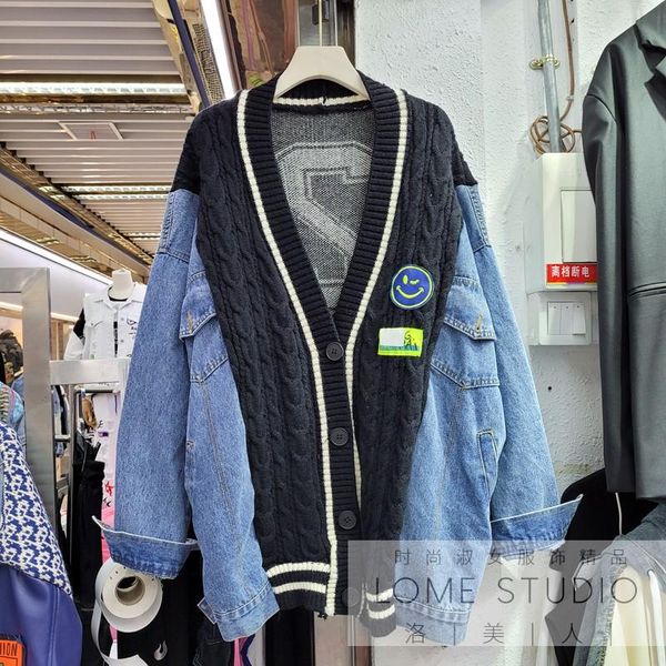 

women's jackets knitted patchwork denim jacket women 2021 autumn all-match female outwear casual v-neck loose single-breasted streetwea, Black;brown