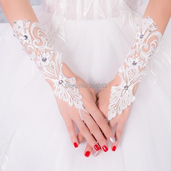 

bridal gloves stunning wedding party fingerless lace with crystals, White