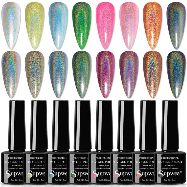 

nail gel supwee 8pcs/lot polish set holographic super laser giltter varnish semi permanent uv shinny kit art, Red;pink