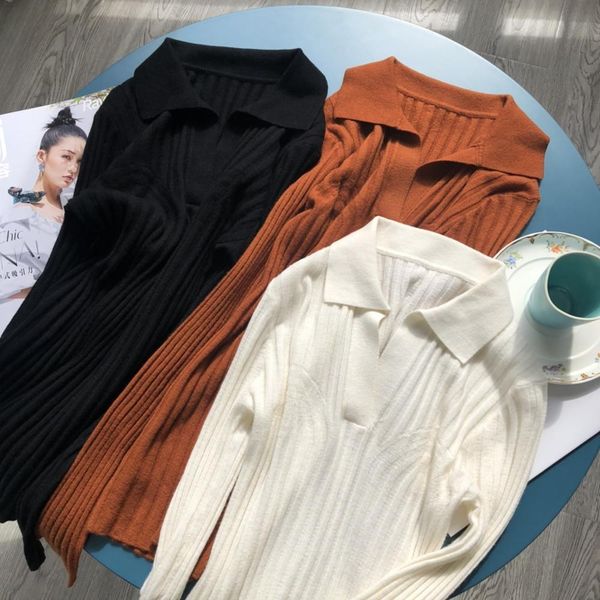 

sweaters 100% wool women's sweater stripes long sleeve v-neck three colors simple thin early autumn ladies knit pullover, White;black