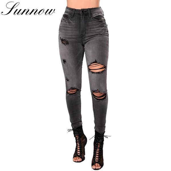 

women's jeans sunnow hole ripped women high waist plus size pencil female fashion denim trousers lady girl slim, Blue