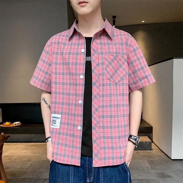 

men's casual shirts 2021 shirt short sleeve plaid fashion brand loose 5-sleeve top, White;black