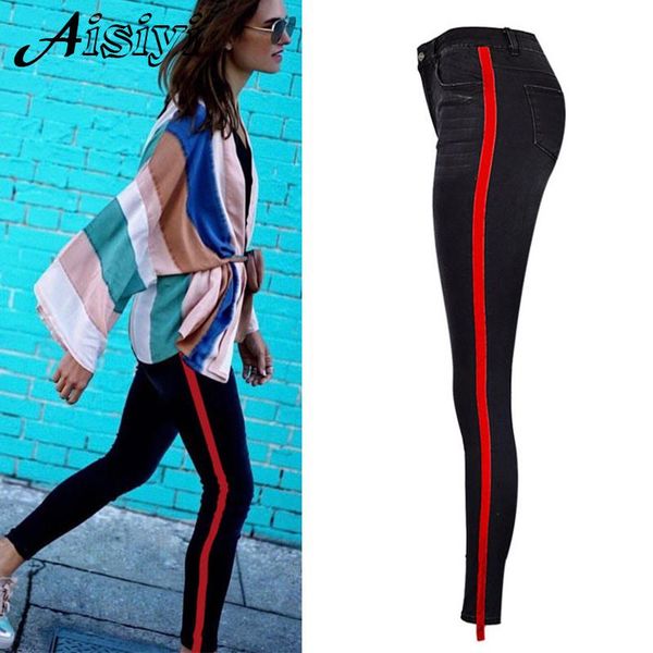 

black high waisted jeans with stripes women skinny for woman plus size ladies large trousers female denim women's, Blue