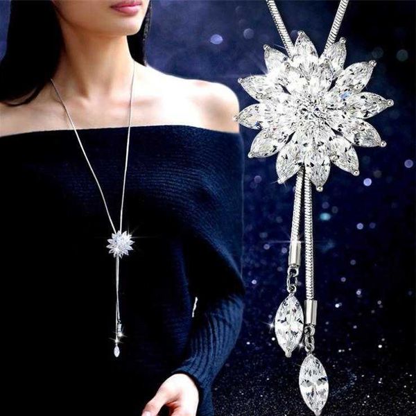 

c168 versatile lotus double flower necklace sweater chain, Silver