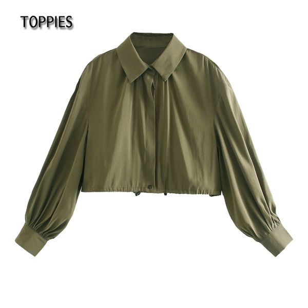 Toppies Lässige Baumwoll-Cropped-Tops für Damen, Armeegrün, kurze Hemden, Laternenärmel-Blusen, Tops 210412