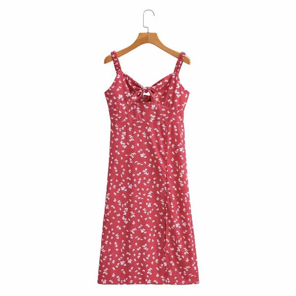 Moda Pescoço Quadrado Mangas Sem Mangas Bowknot Sling Mulheres Vestido Vintage Floral Impressão Estiramento Elástico Lateral Slit Chique Feminino Mini Vestidos 210507