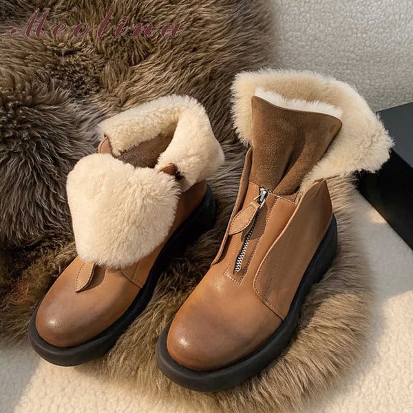 

meotina real leather snow boots woman med heel ankle boots platform thick heel short boots zip ladies shoes fur winter brown 41 210608, Black